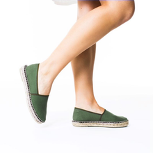 Upload image to gallery view, Poor green espadrilles with white dress and bare legs
