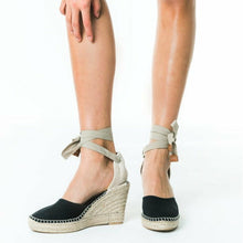 Upload image to gallery view, Black handmade espadrilles with wedge heel by from astrid with 
