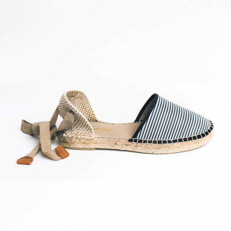 Blue white striped espadrilles sandals with laces