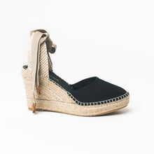 Upload image to gallery view, Black handmade canvas espadrilles with wedge heel by from astrid with 
